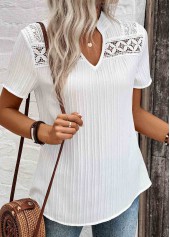 White tops,Plain Color tops,ROTITA Lace White Split Neck Short Sleeve Blouse