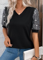 Black tops,Plain Color tops,ROTITA Sequin Black V Neck Short Sleeve T Shirt