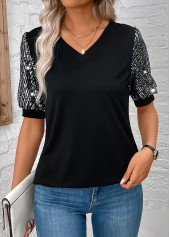 Black tops,Plain Color tops,ROTITA Sequin Black V Neck Short Sleeve T Shirt