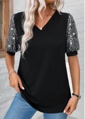 Black tops,Plain Color tops,ROTITA Sequin Black V Neck Short Sleeve T Shirt