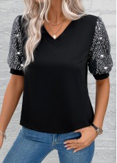 Black tops,Plain Color tops,ROTITA Sequin Black V Neck Short Sleeve T Shirt