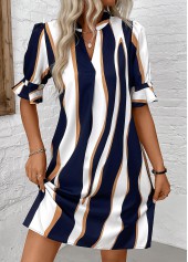 robe patchwork à rayures bleu marine à col fendu et manches mi-longues rotita