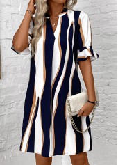 Navy dresses,White dresses,Striped dresses,Everyday dresses,Casual dresses,ROTITA Patchwork Striped Navy Split Neck Half Sleeve Dress