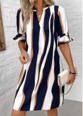 Navy dresses,White dresses,Striped dresses,Everyday dresses,Casual dresses,ROTITA Patchwork Striped Navy Split Neck Half Sleeve Dress