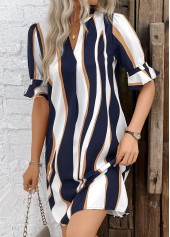 Navy dresses,White dresses,Striped dresses,Everyday dresses,Casual dresses,ROTITA Patchwork Striped Navy Split Neck Half Sleeve Dress