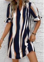Navy dresses,White dresses,Striped dresses,Everyday dresses,Casual dresses,ROTITA Patchwork Striped Navy Split Neck Half Sleeve Dress