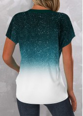 Turquoise tops,White tops,Ombre tops,ROTITA Button Ombre Turquoise V Neck Short Sleeve Blouse