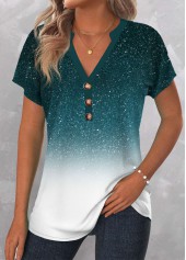 Turquoise tops,White tops,Ombre tops,ROTITA Button Ombre Turquoise V Neck Short Sleeve Blouse