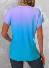 Sky Blue tops,Light Purple tops,Ombre tops,ROTITA Button Ombre Sky Blue Split Neck T Shirt