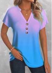 Sky Blue tops,Light Purple tops,Ombre tops,ROTITA Button Ombre Sky Blue Split Neck T Shirt