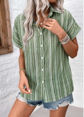 Sage Green tops,Striped tops,ROTITA Button Striped Sage Green Shirt Collar Blouse