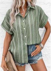 Sage Green tops,Striped tops,ROTITA Button Striped Sage Green Shirt Collar Blouse