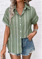 Sage Green tops,Striped tops,ROTITA Button Striped Sage Green Shirt Collar Blouse