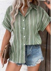 Sage Green tops,Striped tops,ROTITA Button Striped Sage Green Shirt Collar Blouse