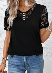 Black tops,Plain Color tops,ROTITA Lace Black V Neck Short Sleeve T Shirt