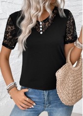 Black tops,Plain Color tops,ROTITA Lace Black V Neck Short Sleeve T Shirt