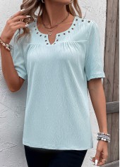 Light Blue tops,Plain Color tops,ROTITA Eyelet Light Blue Split Neck Short Sleeve Blouse