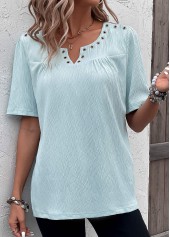 Light Blue tops,Plain Color tops,ROTITA Eyelet Light Blue Split Neck Short Sleeve Blouse