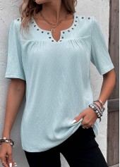 Light Blue tops,Plain Color tops,ROTITA Eyelet Light Blue Split Neck Short Sleeve Blouse