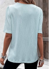 Light Blue tops,Plain Color tops,ROTITA Eyelet Light Blue Split Neck Short Sleeve Blouse
