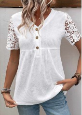 White tops,Plain Color tops,ROTITA Patchwork White V Neck Short Sleeve Blouse