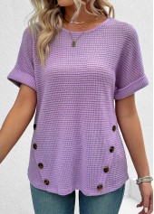 Light Purple tops,Plain Color tops,ROTITA Button Light Purple Round Neck Short Sleeve T Shirt