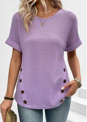 Light Purple tops,Plain Color tops,ROTITA Button Light Purple Round Neck Short Sleeve T Shirt