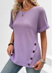 Light Purple tops,Plain Color tops,ROTITA Button Light Purple Round Neck Short Sleeve T Shirt