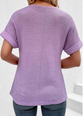 Light Purple tops,Plain Color tops,ROTITA Button Light Purple Round Neck Short Sleeve T Shirt