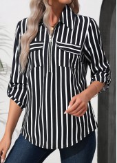 Black tops,Striped tops,Geometric tops,ROTITA Zipper Striped Black Turn Down Collar 3/4 Sleeve Blouse