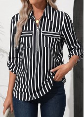 Black tops,Striped tops,Geometric tops,ROTITA Zipper Striped Black Turn Down Collar 3/4 Sleeve Blouse