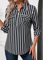 Black tops,Striped tops,Geometric tops,ROTITA Zipper Striped Black Turn Down Collar 3/4 Sleeve Blouse