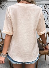 Light Camel tops,Plain Color tops,ROTITA Button Light Camel Split Neck Half Sleeve Blouse