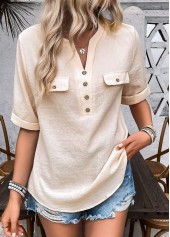 Light Camel tops,Plain Color tops,ROTITA Button Light Camel Split Neck Half Sleeve Blouse