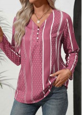 Pink tops,Dot tops,Striped tops,Geometric tops,Button Polka Dot Pink V Neck Long Sleeve Blouse
