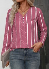 Pink tops,Dot tops,Striped tops,Geometric tops,Button Polka Dot Pink V Neck Long Sleeve Blouse