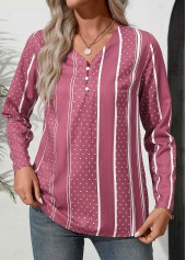 Pink tops,Dot tops,Striped tops,Geometric tops,Button Polka Dot Pink V Neck Long Sleeve Blouse