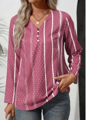 Rosa Bluse mit V-Ausschnitt und langen Ärmeln und Polka Dot-Knopf