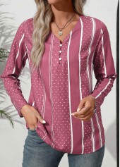 Pink tops,Dot tops,Striped tops,Geometric tops,Button Polka Dot Pink V Neck Long Sleeve Blouse