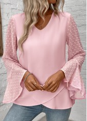 Light Pink tops,Plain Color tops,ROTITA Patchwork Light Pink V Neck Long Sleeve Blouse