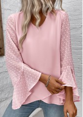 Light Pink tops,Plain Color tops,ROTITA Patchwork Light Pink V Neck Long Sleeve Blouse