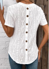White tops,Plain Color tops,Button White Round Neck Short Sleeve T Shirt