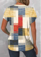 Multi Color tops,Geometric tops,Striped tops,Plaid tops,ROTITA Patchwork Geometric Print Multi Color Split Neck Blouse