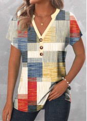 ROTITA Patchwork Geometric Print Multi Color Split Neck Blouse
