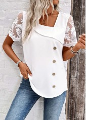 White tops,Plain Color tops,ROTITA Patchwork White Asymmetrical Neck Short Sleeve Blouse