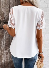 White tops,Plain Color tops,ROTITA Patchwork White Asymmetrical Neck Short Sleeve Blouse