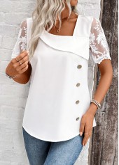White tops,Plain Color tops,ROTITA Patchwork White Asymmetrical Neck Short Sleeve Blouse