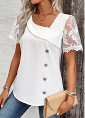 White tops,Plain Color tops,ROTITA Patchwork White Asymmetrical Neck Short Sleeve Blouse