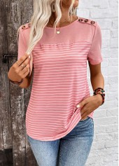 Dusty Pink tops,Striped tops,Geometric tops,ROTITA Patchwork Striped Dusty Pink Round Neck T Shirt