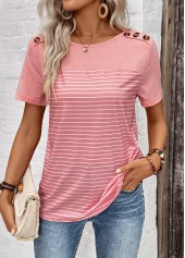 Dusty Pink tops,Striped tops,Geometric tops,ROTITA Patchwork Striped Dusty Pink Round Neck T Shirt